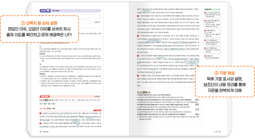 1. 선택지 별 상세 설명: 정답인 이유, 오답인 이유를 상세히 제시 출제 의도를 확인하고 문제 해결력은 UP!, 2. 지문 해설: 독해 기호 표시와 설명, 보조단의 내용 정리를 통해 지문을 완벽하게 이해